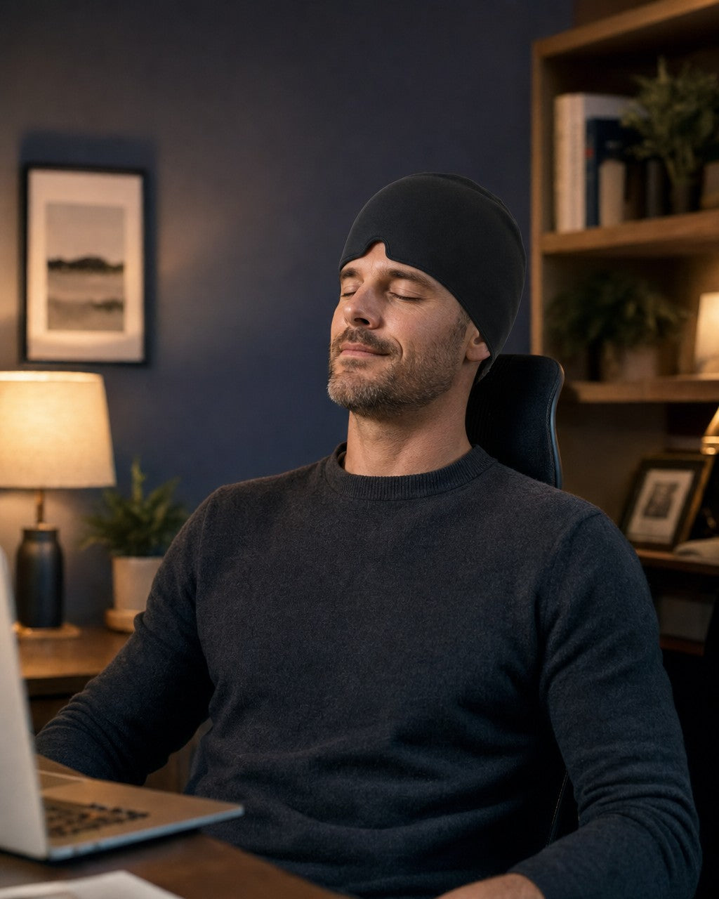 Man relaxing at his desk wearing CalmCap