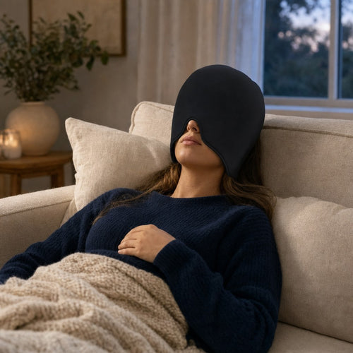 Woman resting on a sofa wearing CalmCap over her eyes