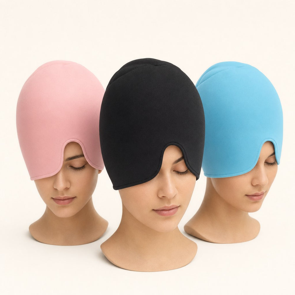 CalmCap in pink, black and blue